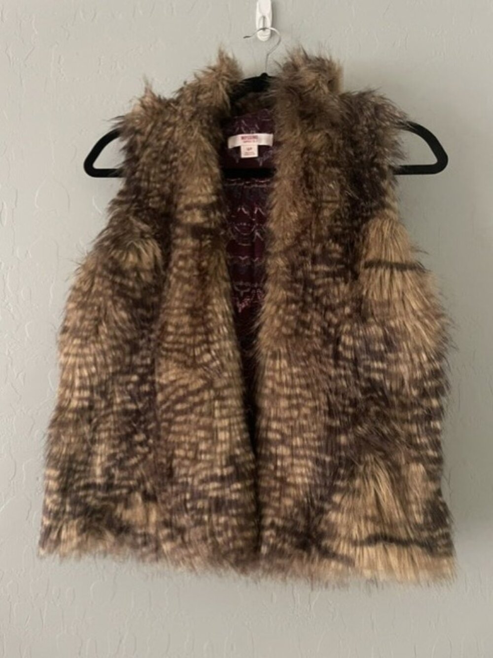 Mossimo Brown Faux Fur Vest S Purple Southwestern Lining Bohemian w/Hood S